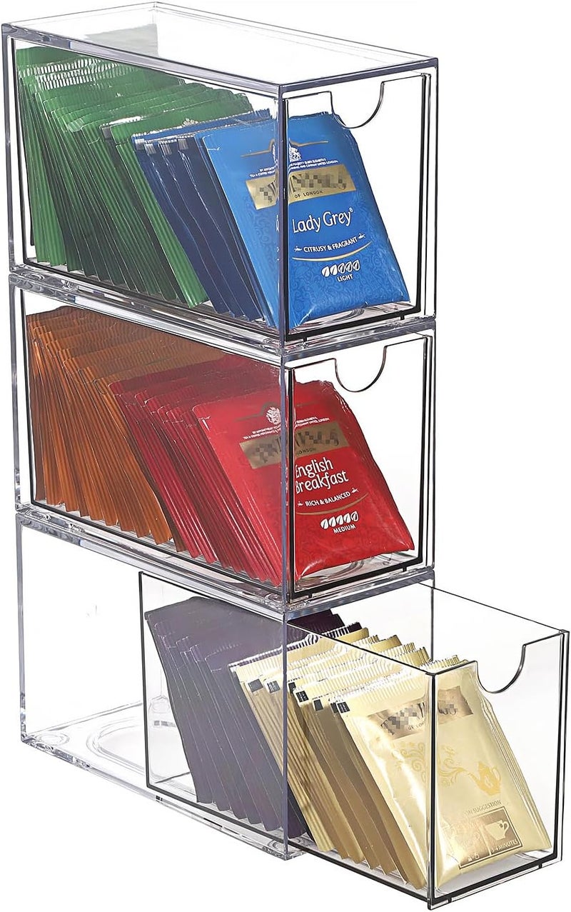 ELLDOO 3 Drawers Tea Bag Organizer, Clear Acrylic Stackable Tea Bag Storage Holder for Kitchen Pantry, Coffee Pod Snack Storage for Countertop Cabinet - Image 1